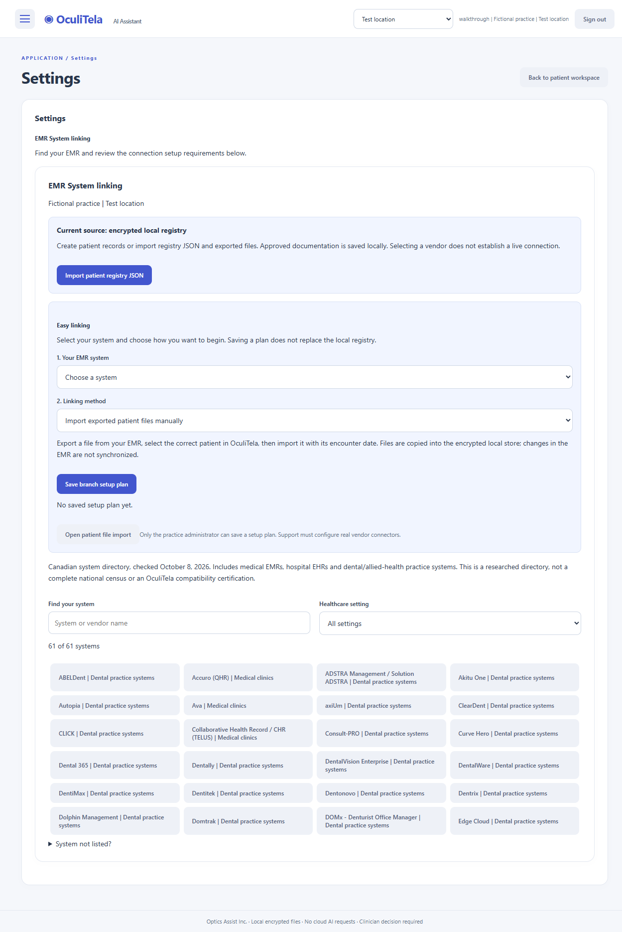 OculiTela Settings page with the Canadian EMR directory